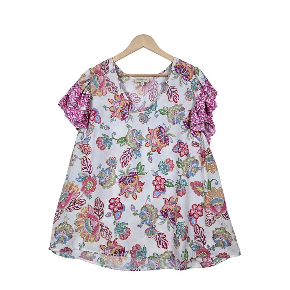 Cynthia Rowley Top sz 3X White Multicolor Floral Top Ruffle Flutter Sleeve Boho